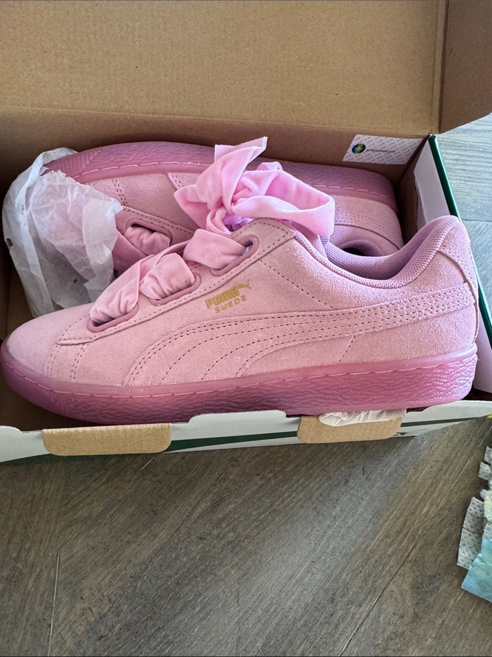 Puma Suede Heart Satin Bow Sneakers in Light Pink
